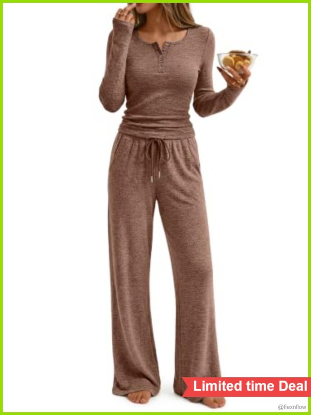 Women's 2 Piece Lounge Set Henley Top Wide Leg Pants Soft Comfy Fall Outfit